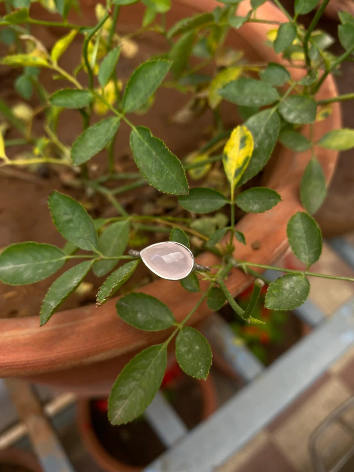 Rose Quartz Pear Ring, Pear Rose Quartz Ring, Propose Ring, horizontal ring, scratched band finish ring
