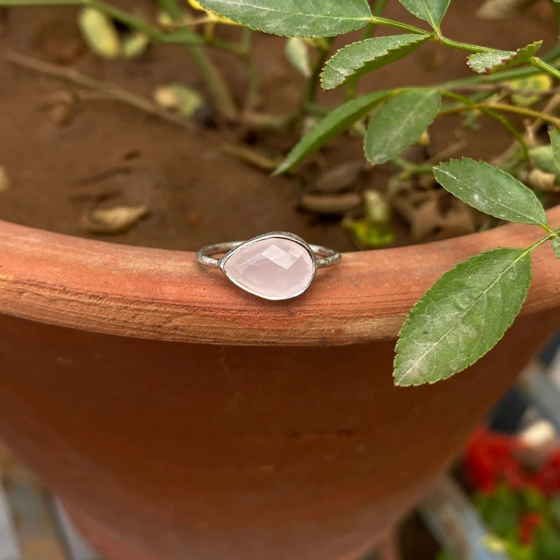 Rose Quartz Pear Ring, Pear Rose Quartz Ring, Propose Ring, horizontal ring, scratched band finish ring
