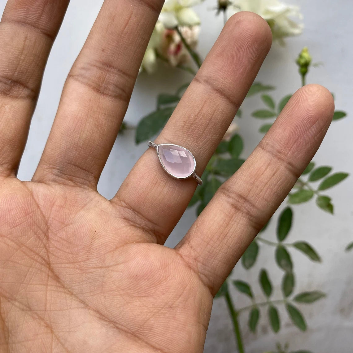 Rose Quartz Pear Ring, Pear Rose Quartz Ring, Propose Ring, horizontal ring, scratched band finish ring