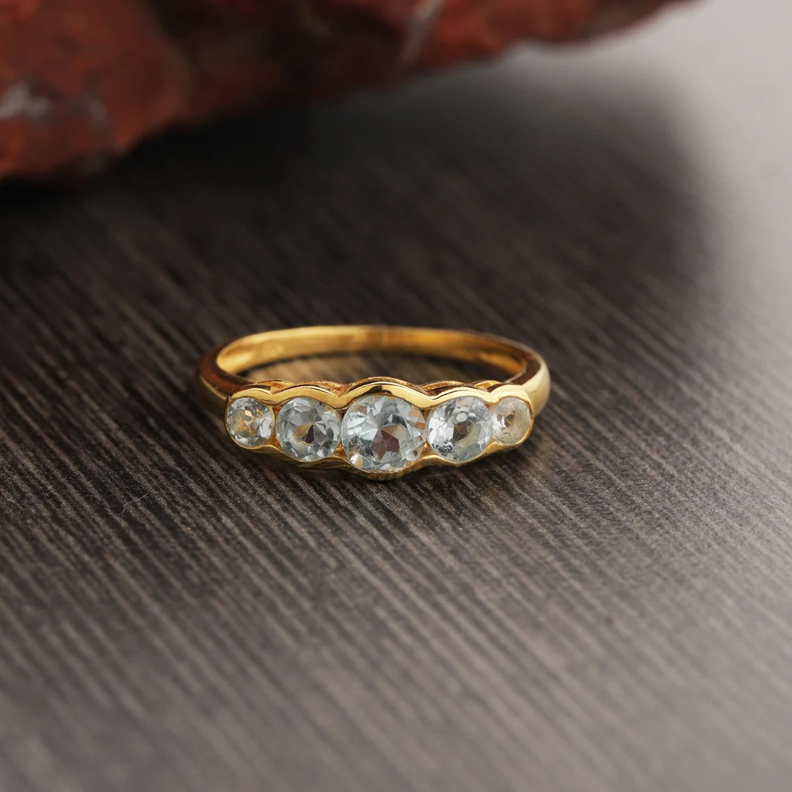 Natural Blue Topaz Gold Ring- Round Blue Topaz Ring - December Birthstone Ring- Multi Gemstone Ring - Engagement ring - multi stone channel
