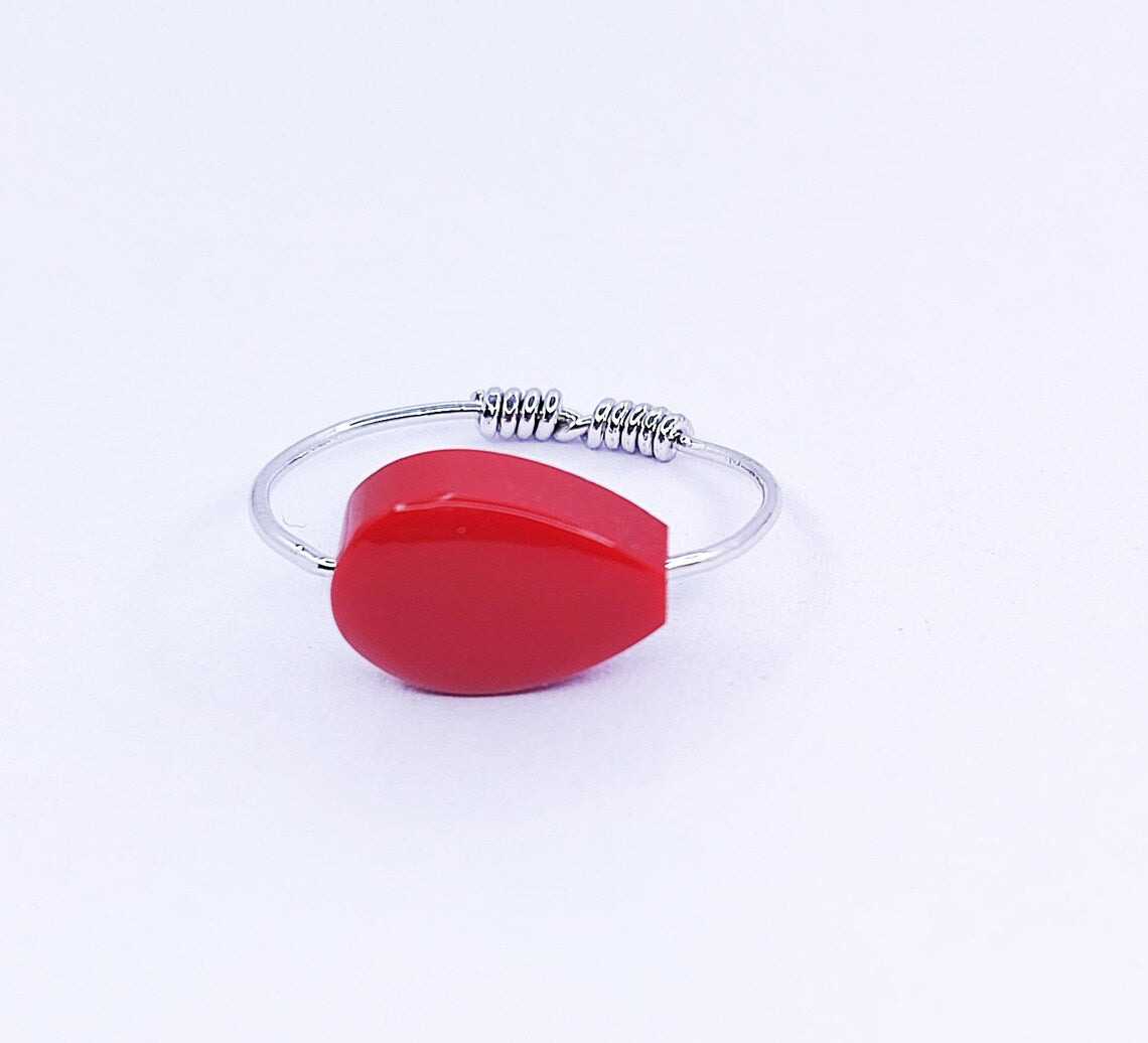 Coral Ring - Drilled Coral Ring - Pear Ring - Coral Stone Ring - Gemstone Ring - Birthstone Ring