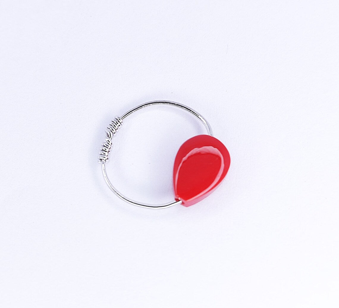 Coral Ring - Drilled Coral Ring - Pear Ring - Coral Stone Ring - Gemstone Ring - Birthstone Ring