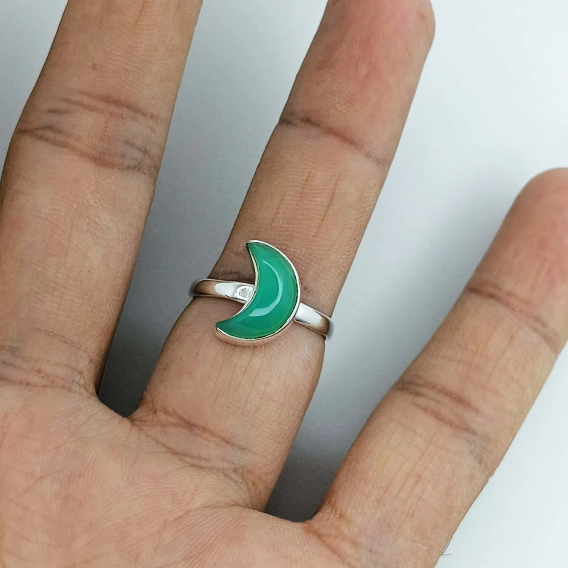 Crescent Moon Green Onyx Ring - Silver Green Onyx Ring - 925 Sterling Silver Green Onyx Gemstone Ring - Moon Shape