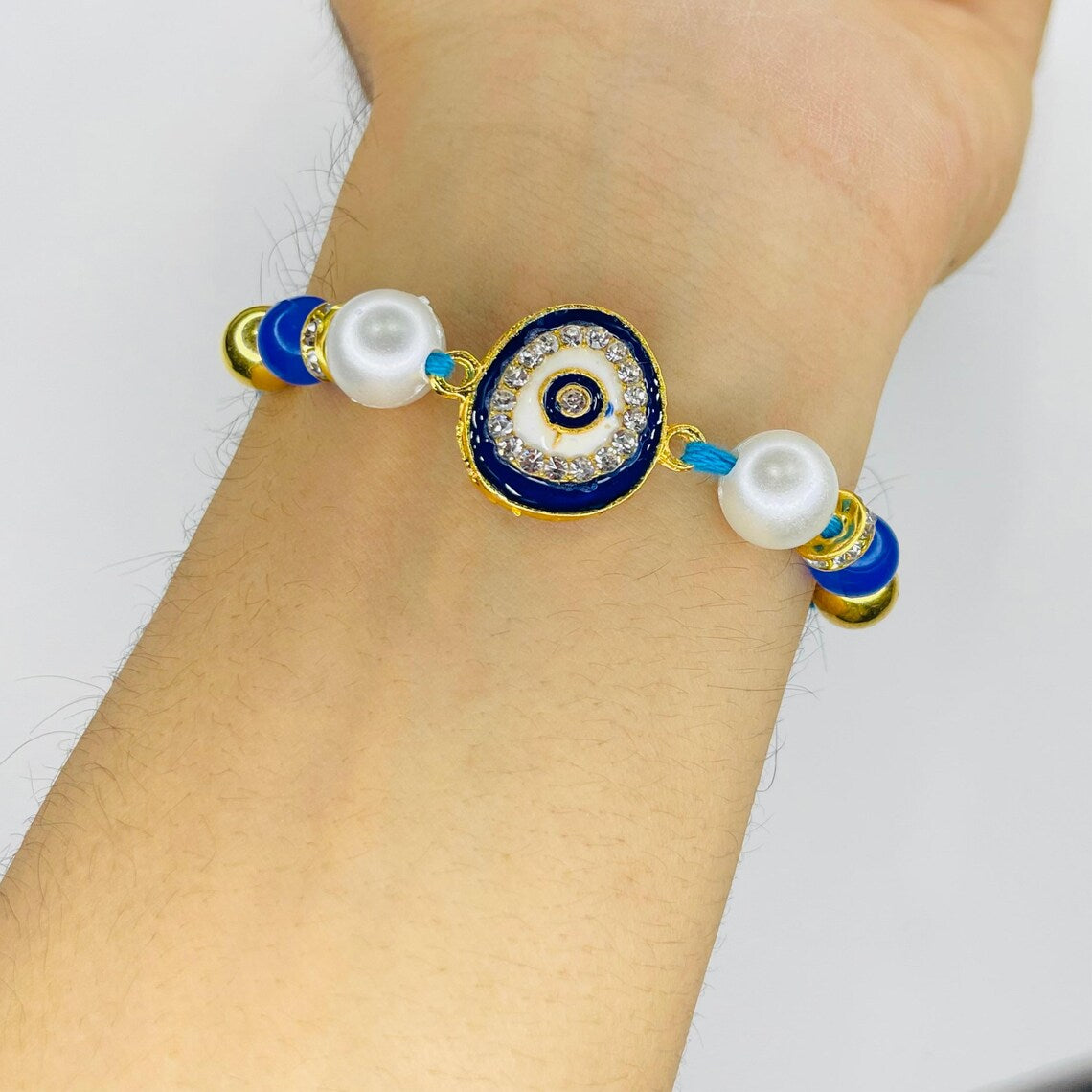 Blue Polki Bracelet - Pearl Zircon Rakshabandhan Rakhi - Thread Bracelet
