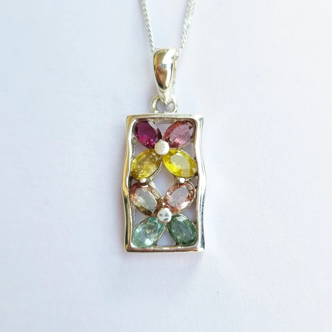 Handmade Multi Tourmaline Pendant in Sterling Silver,Oval Tourmaline pendant with chain, multi color tourmaline pendant