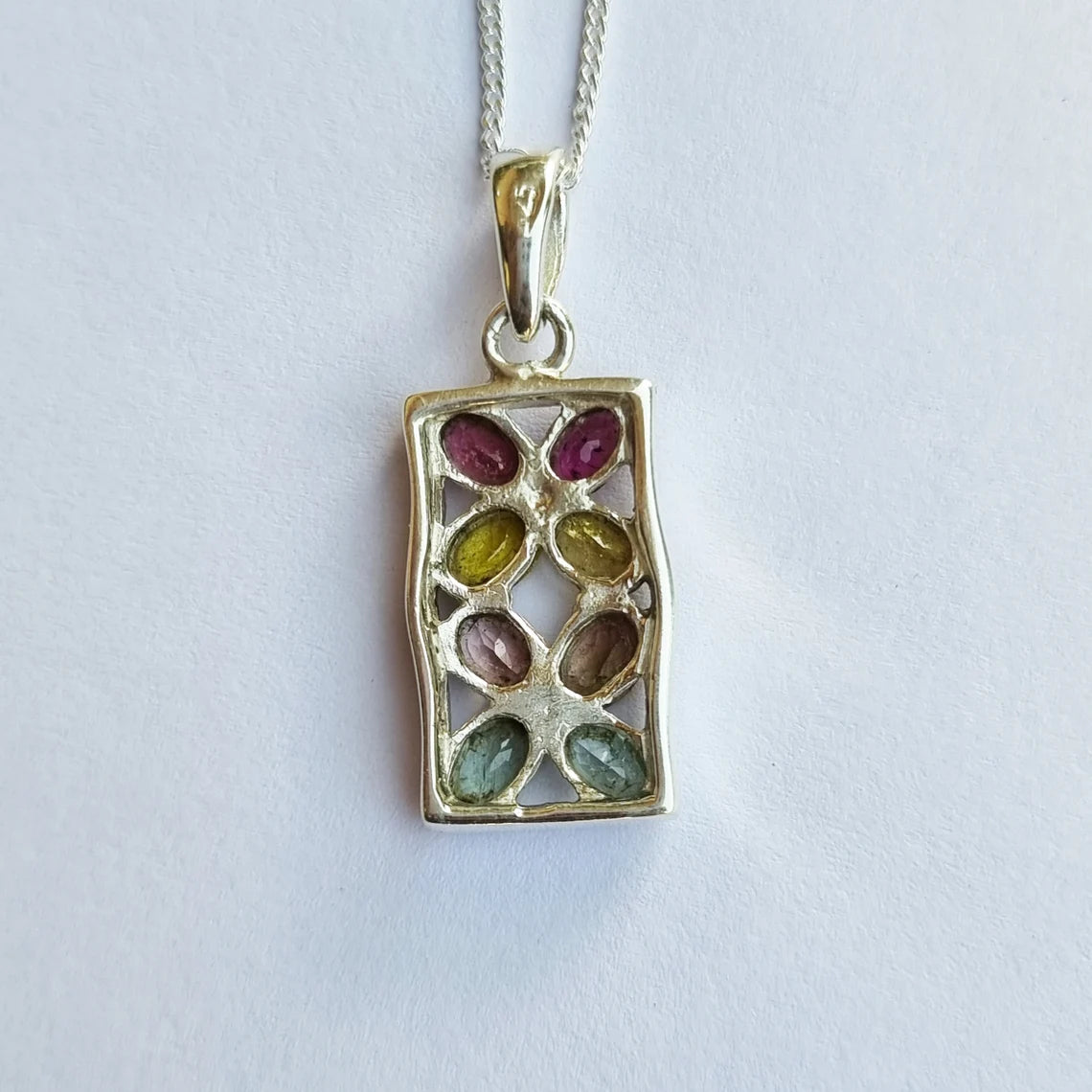 Handmade Multi Tourmaline Pendant in Sterling Silver,Oval Tourmaline pendant with chain, multi color tourmaline pendant