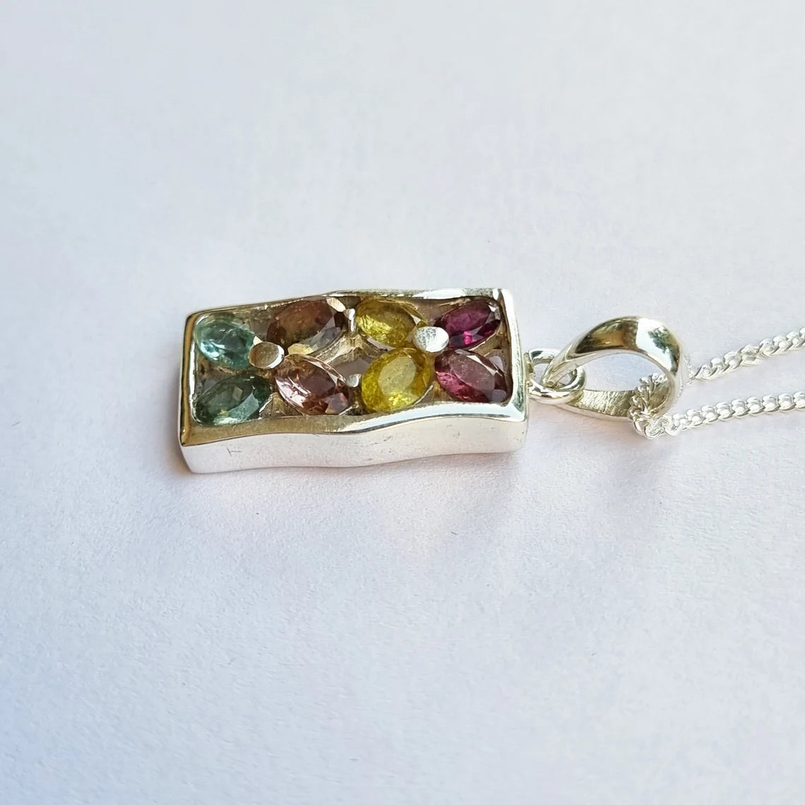 Handmade Multi Tourmaline Pendant in Sterling Silver,Oval Tourmaline pendant with chain, multi color tourmaline pendant