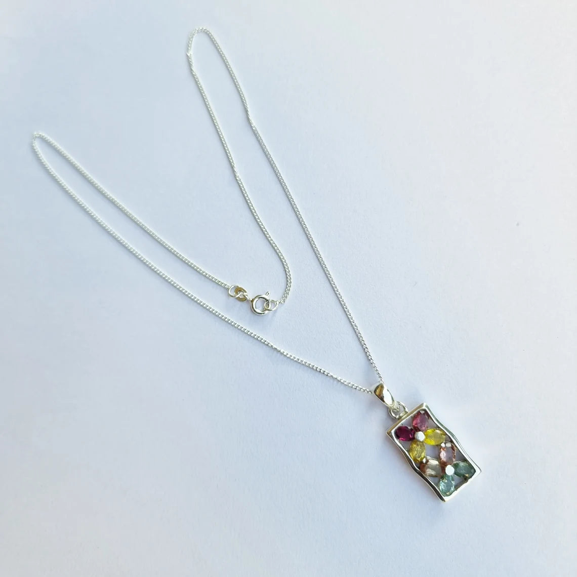 Handmade Multi Tourmaline Pendant in Sterling Silver,Oval Tourmaline pendant with chain, multi color tourmaline pendant