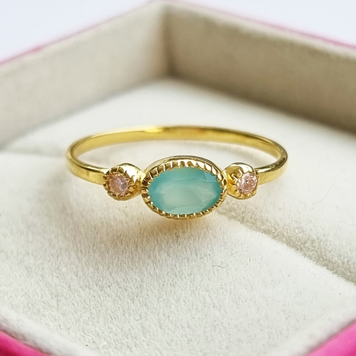 Purple and Aqua chalcedony gemstone ring, Pink Aqua Chalcedony Gold Ring,Minimalist Ring