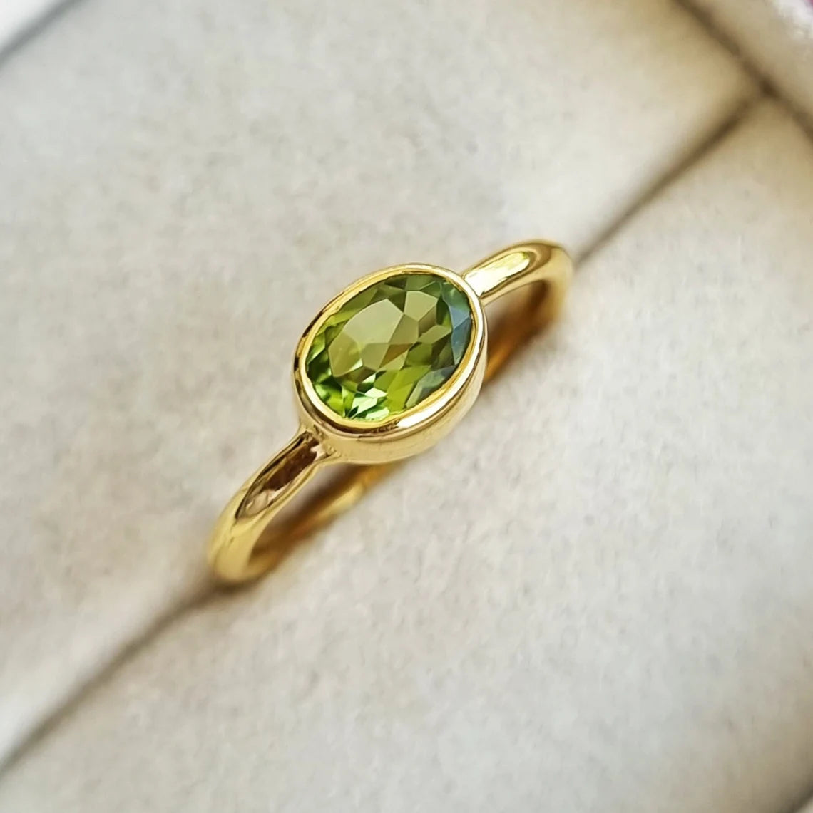 Natural Peridot Oval Gold Ring, Citrine Oval Gold Ring, Oval Cut Blue Topaz Gold Ring, August Birthstone, Jewelry, Green Peridot Gemstone,