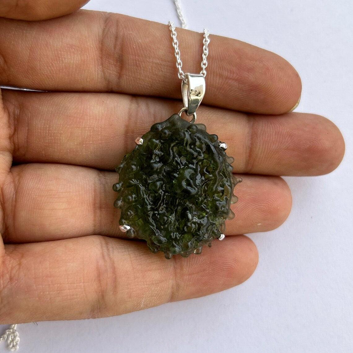 Natural Green Moldavite Sterling Silver Pendant