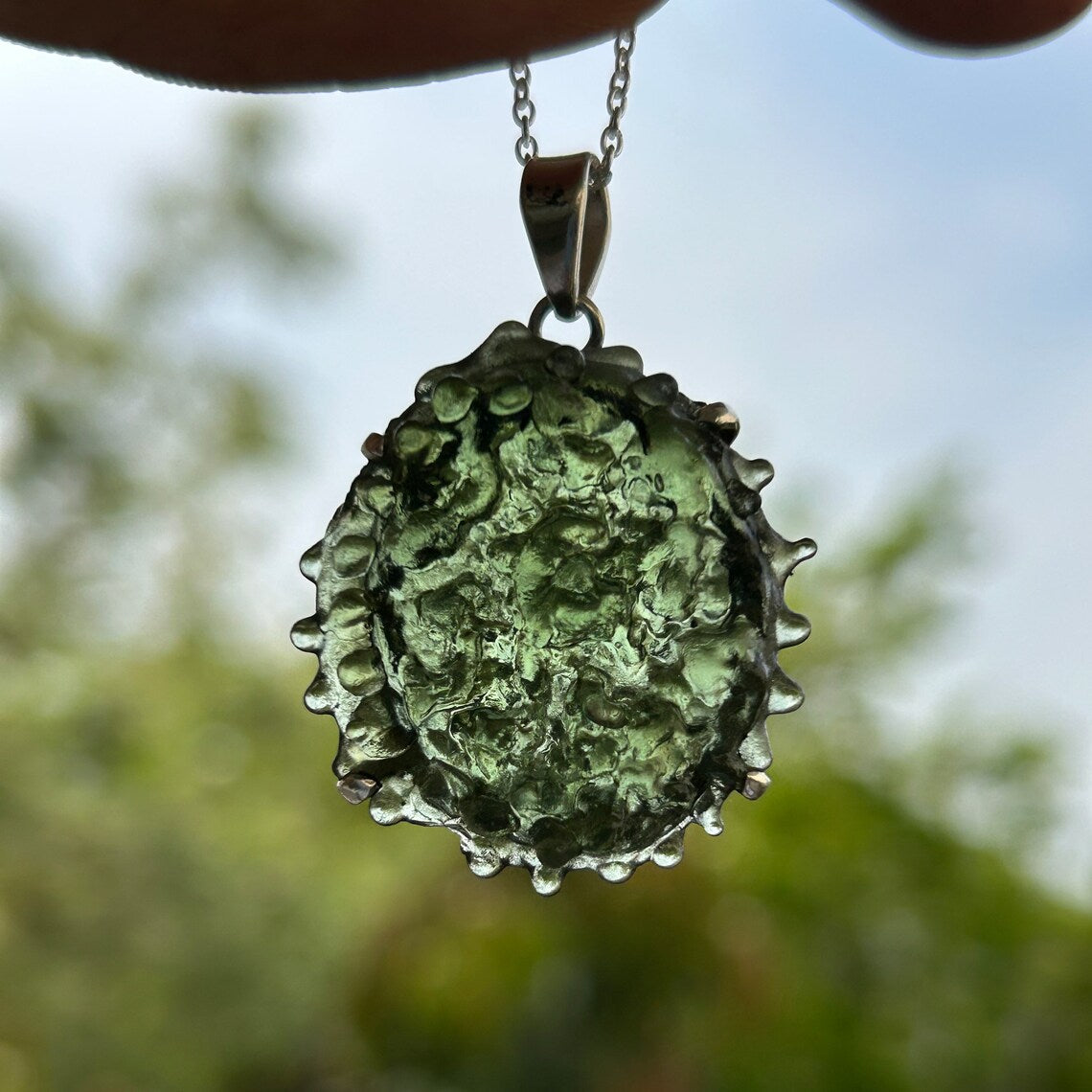Natural Green Moldavite Sterling Silver Pendant