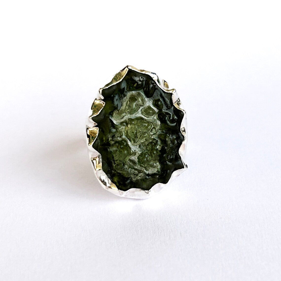 Raw Moldavite Ring - Natural Moldavite Ring - Sterling Silver Green Moldavite Ring - Moldavite Gemstone Silver Ring, Handmade Moldavite Ring