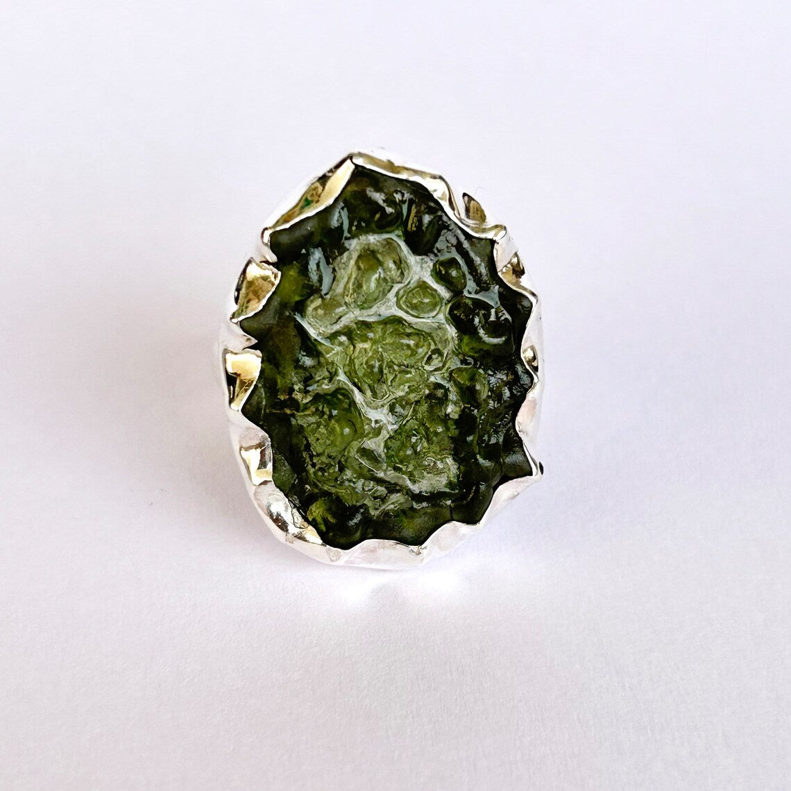 Raw Moldavite Ring - Natural Moldavite Ring - Sterling Silver Green Moldavite Ring - Moldavite Gemstone Silver Ring, Handmade Moldavite Ring