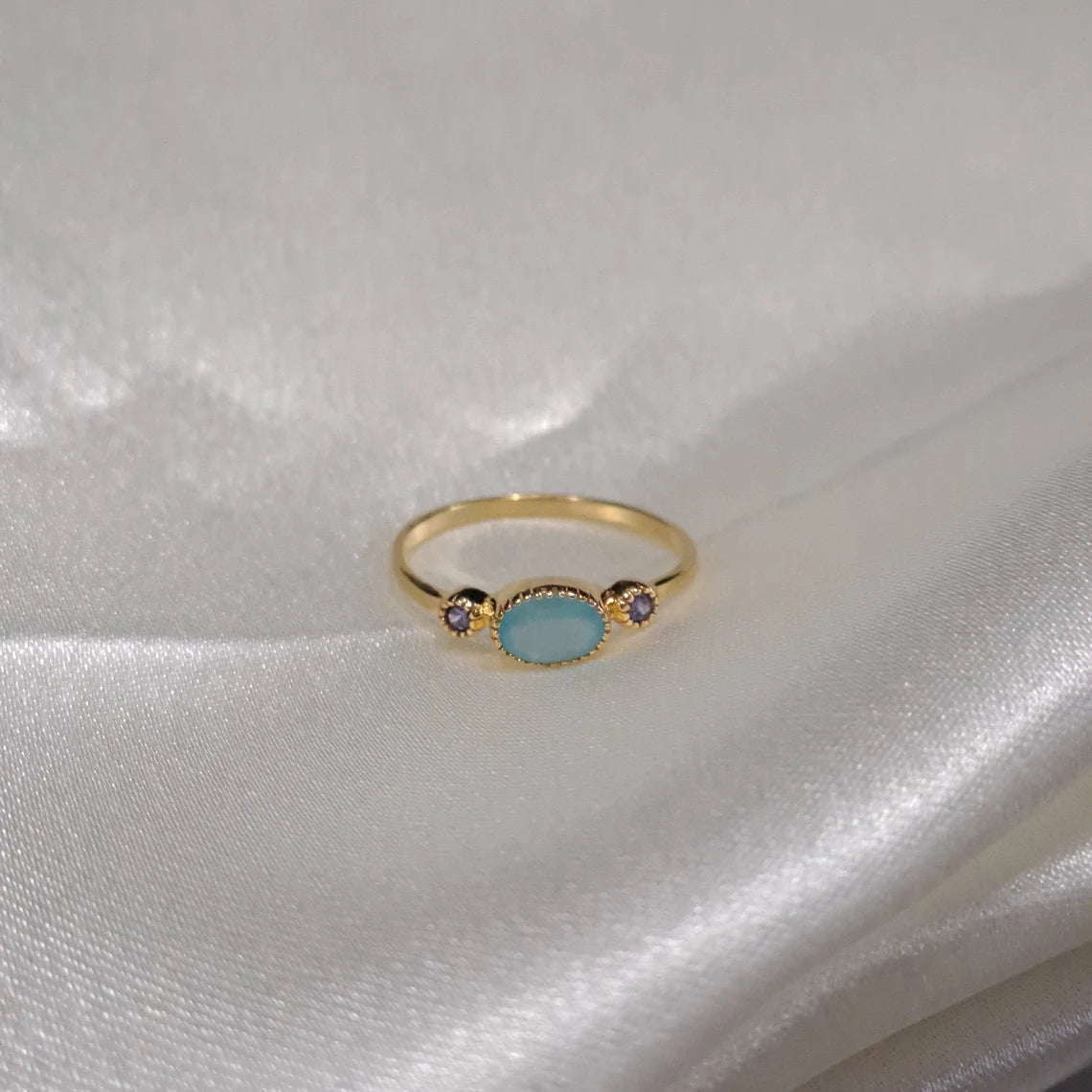 Purple Amethyst Aqua chalcedony ring,Blue Chalcedony Minimalist Ring,Aqua Purple Ring,Delicate ring,Dainty Ring,Handmade Ring,3 stones ring