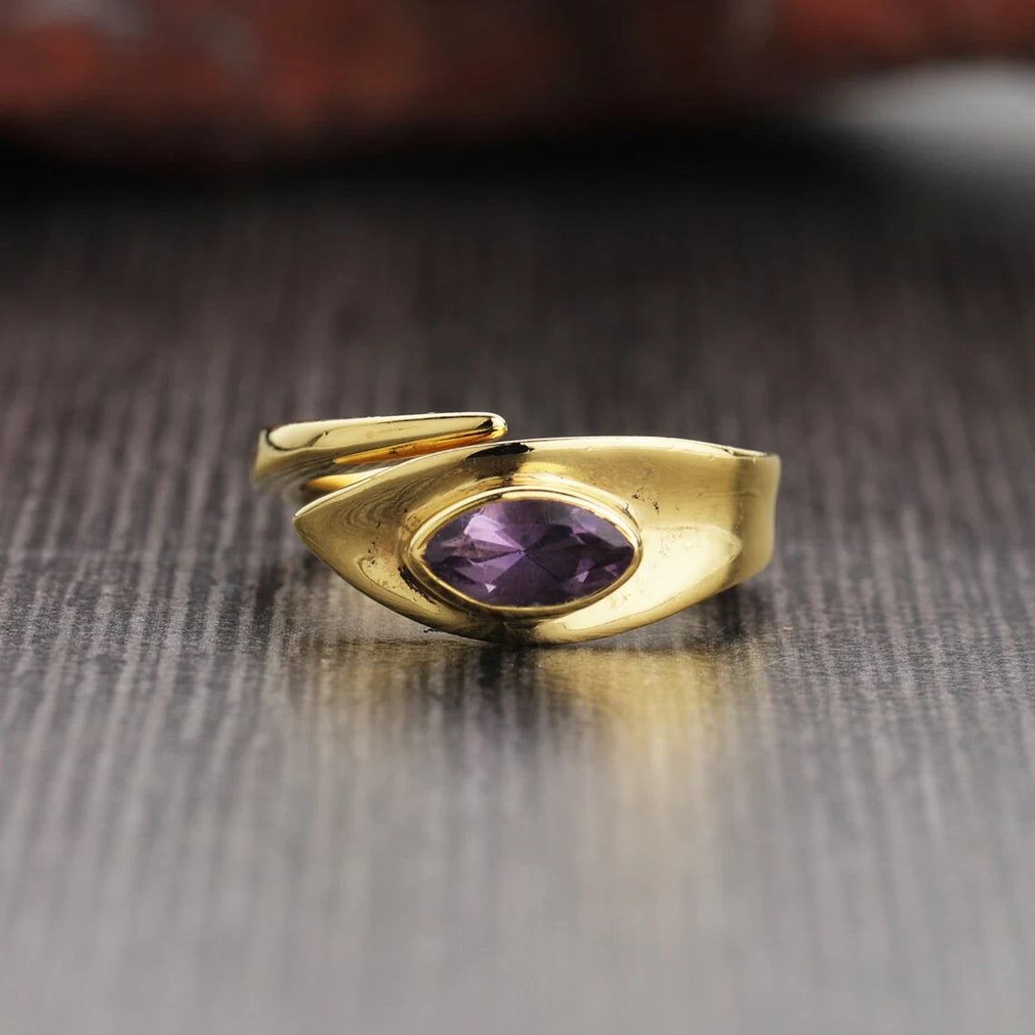 925 Sterling Silver Marquise Amethyst Ring - Amethyst Gold Plated Ring - Open Ring - ADJUSTABLE