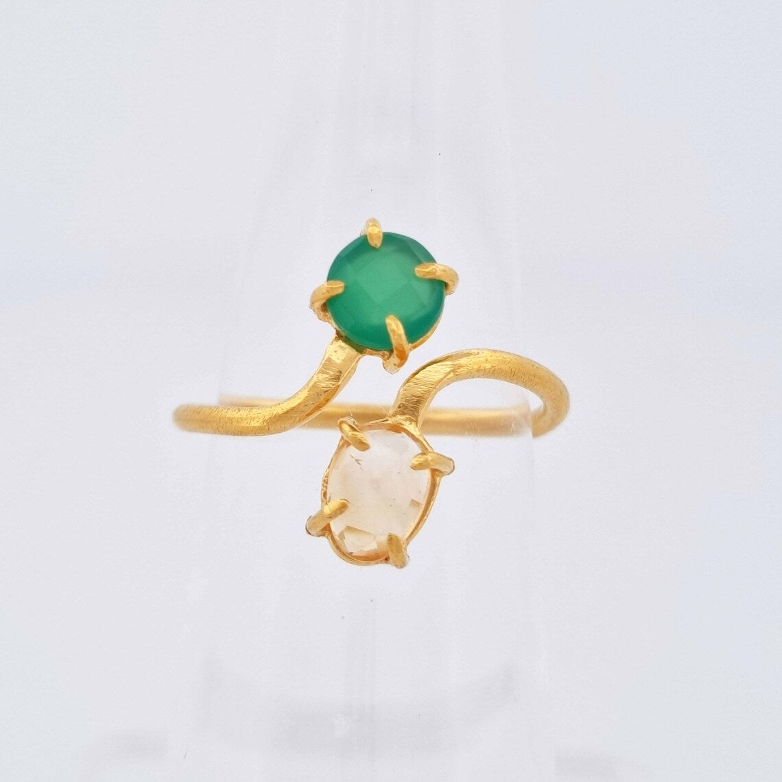 Natural Citrine Ring, Green Onyx Citrine Ring, Gold Ring, Dual Stone Ring, Handmade Ring, Statement Ring For Women's, Gold Plated Ring Adjustable