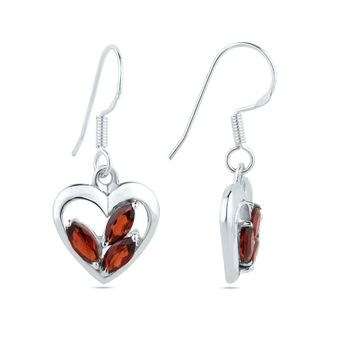Garnet flower dangle earrings, red garnet heart drop earrings, January birthstone earrings, gift for mom, gift for her
