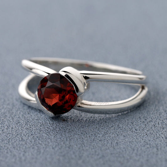 red garnet ring natural red gemstone ring round cut silver engagement ring anniversary gift January birthstone ring