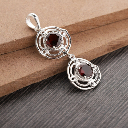 Garnet Gemstone Pendant - 925 Sterling Silver Garnet Pendant - Round Garnet Pendant