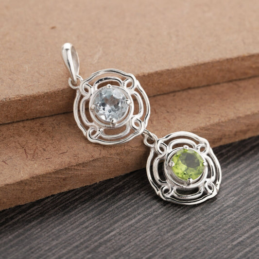 Blue Topaz, Peridot Gemstone Pendant, Round Peridot Blue Topaz Pendant