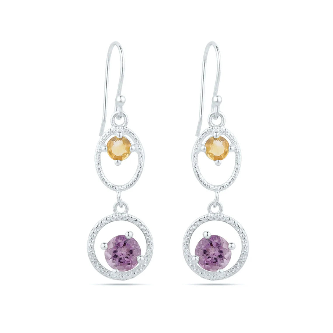 Citrine and Amethyst Earrings - Round amethyst with citrine Gemstone 925 Sterling Silver Earrings