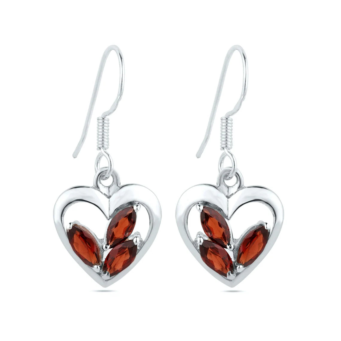 Garnet flower dangle earrings, red garnet heart drop earrings, January birthstone earrings, gift for mom, gift for her