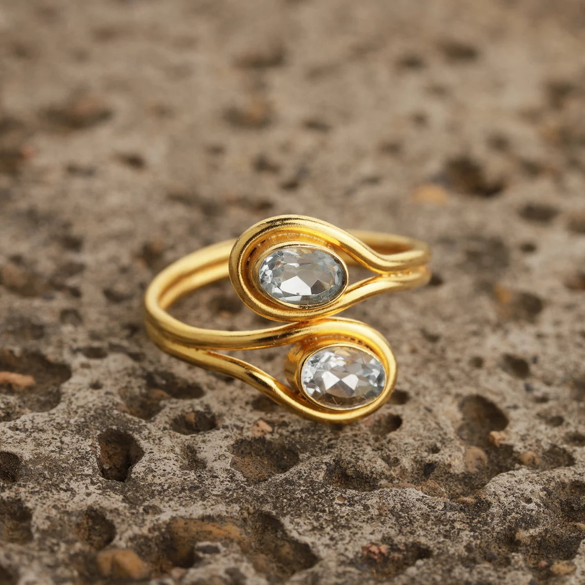 Dual Stone Ring- 18k Gold Vermeil - 925 Sterling Silver - Oval Blue Topaz - Adjustable Ring