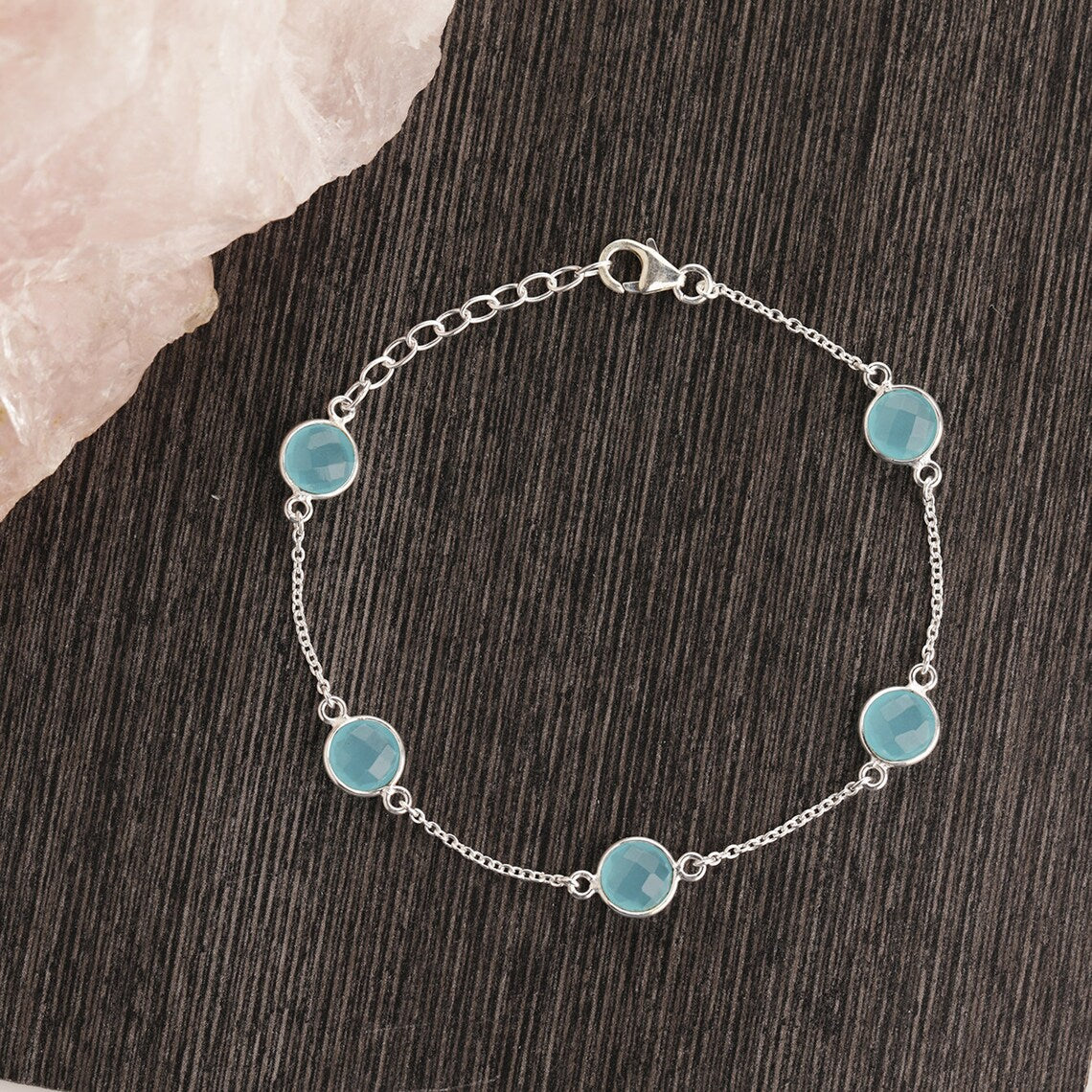 Natural Blue Chalcedony 925 Sterling Silver Bracelet-Handmade Bracelet