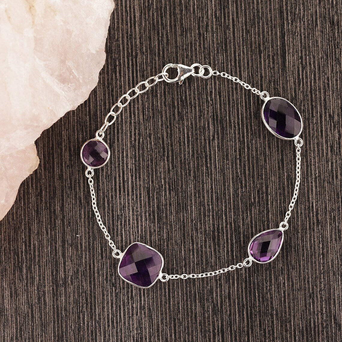 Natural Amethyst Bracelet, Silver Chain Bracelet, Round Amethyst Bracelet, Gemstone Bracelet, Women Bracelet, Purple Amethyst Bracelet