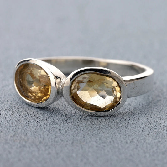 Natural Citrine Ring, Citrine Silver Ring, Citrine Oval Ring, Citrine Band Ring, Citrine Two Stone Ring, Yellow Citrine Ring