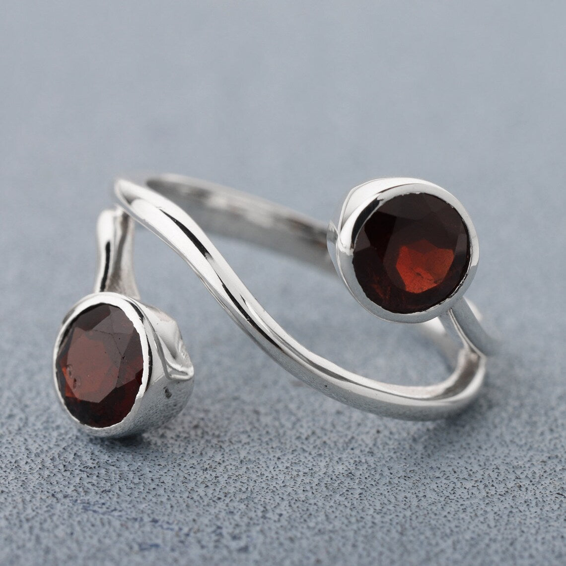 Natural Garnet Ring - Red Garnet Ring - Garnet Sterling Silver Ring - 2 Garnet Stones Ring - Round Garnet Ring