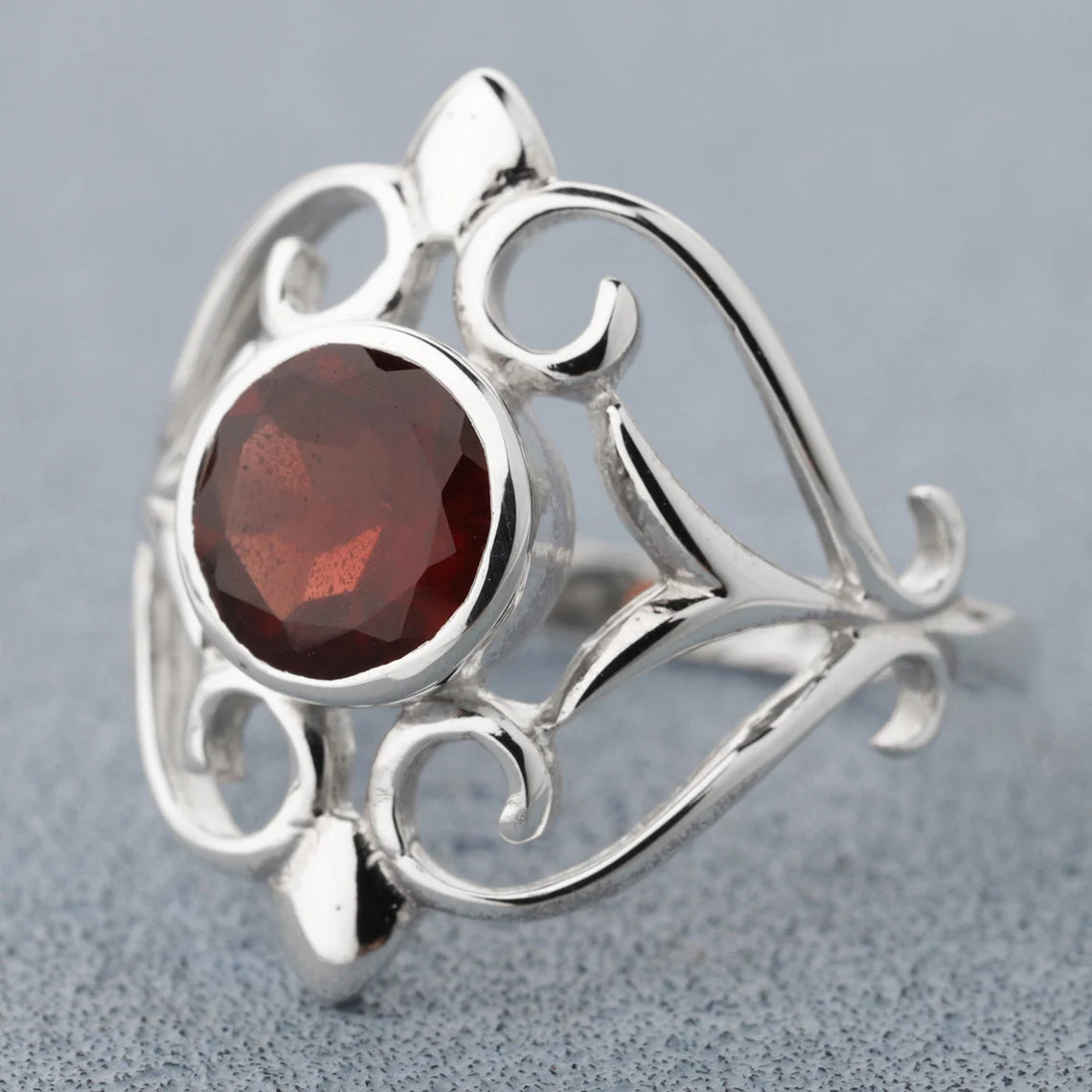 Garnet Ring, Round Garnet Ring, 925 Sterling Silver Ring, Designer Silver Ring, Gift For Her, Birthstone Ring Handmade Round Cut Ring