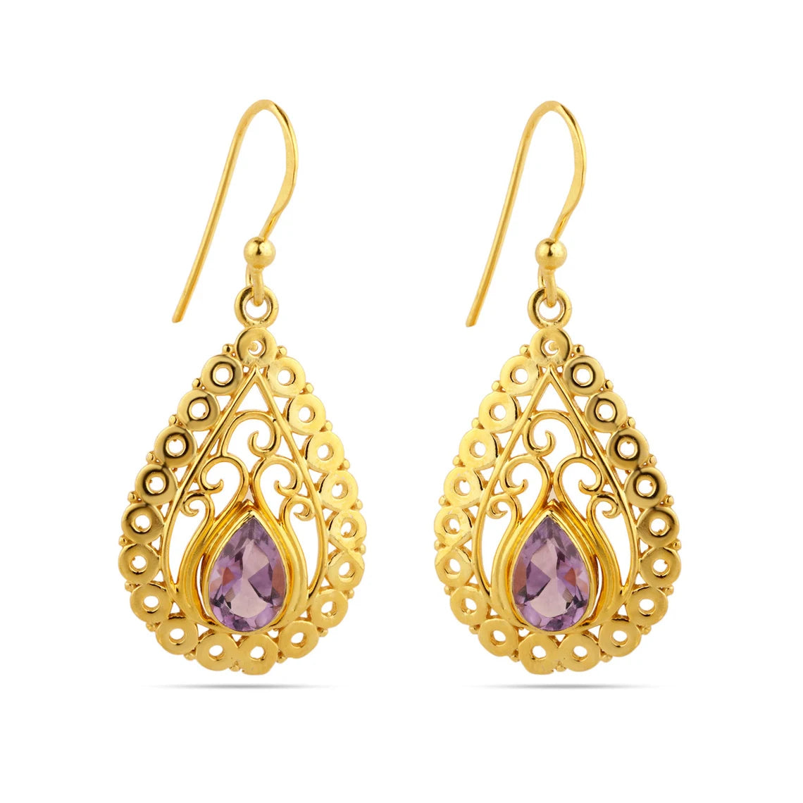 Natural Amethyst Gold Plated Silver Earrings, 925 Sterling Silver Amethyst Gemstone Dangle Earrings