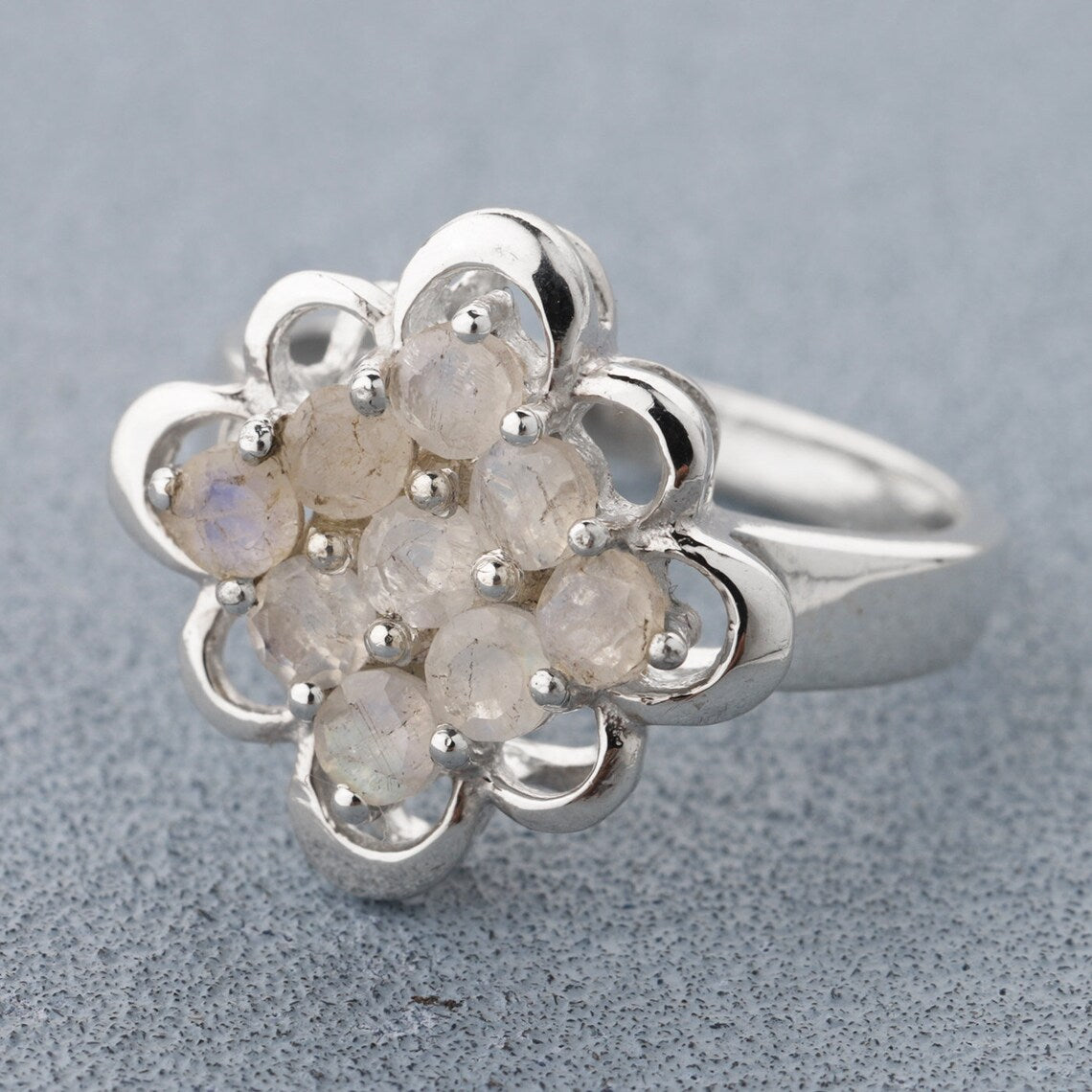 Moonstone ring, round moonstone ring, blue and white moonstone ring, moonstone solitaire ring in silver and gold,natural moonstone