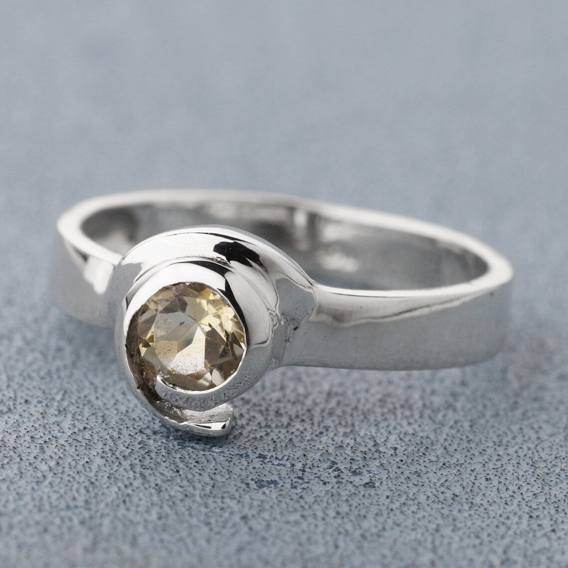 Round Cut Tiny Citrine Gemstone Ring in 925 Sterling Silver