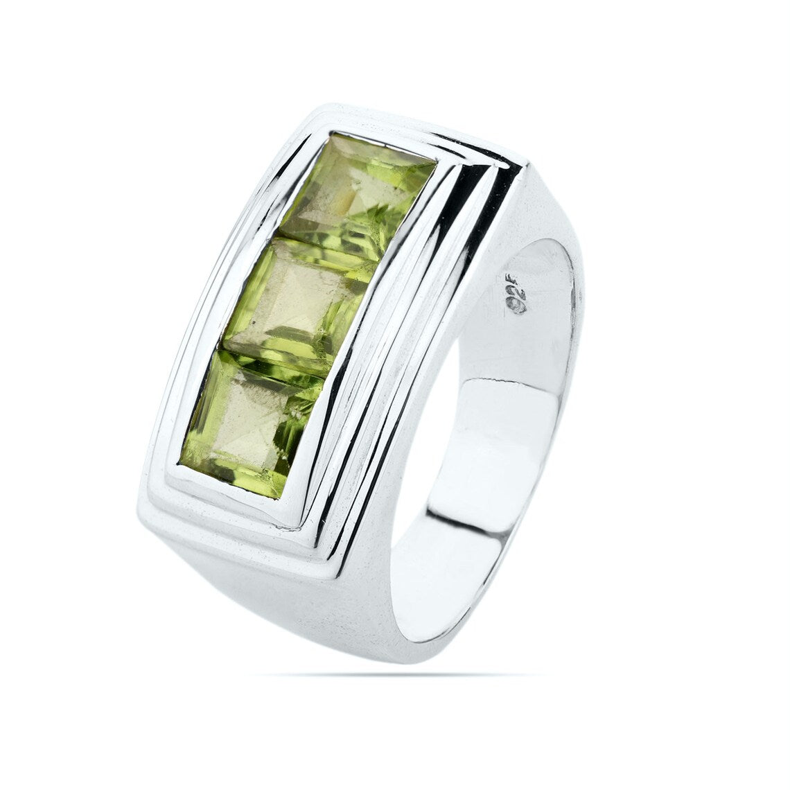 peridot square shape ring, three peridot gemstone ring, sterling silver ring