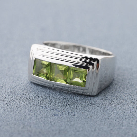 peridot square shape ring, three peridot gemstone ring, sterling silver ring