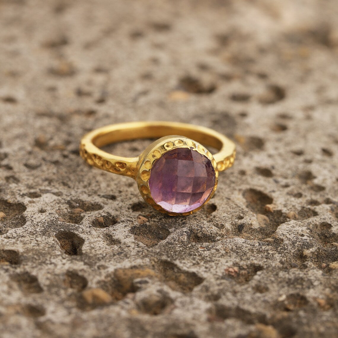 Purple Amethyst Round Ring • Purple Amethyst Gold Ring • Amethyst Dotted Antique Finish Ring • Gemstone Ring • February Birthstone Ring