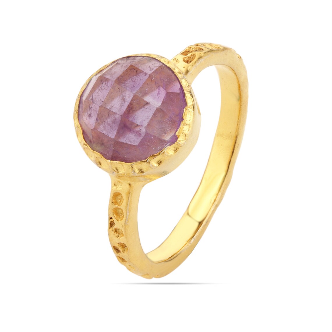 Purple Amethyst Round Ring • Purple Amethyst Gold Ring • Amethyst Dotted Antique Finish Ring • Gemstone Ring • February Birthstone Ring