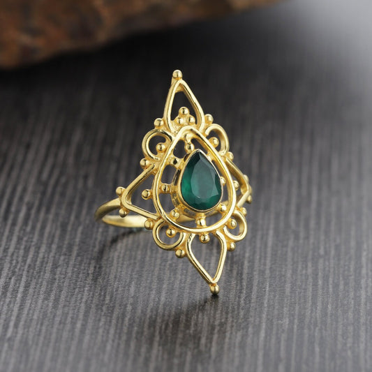 Green Onyx Gold Plated Ring, Green Onyx Gemstone Silver - Stacking Ring - Birthstone Ring