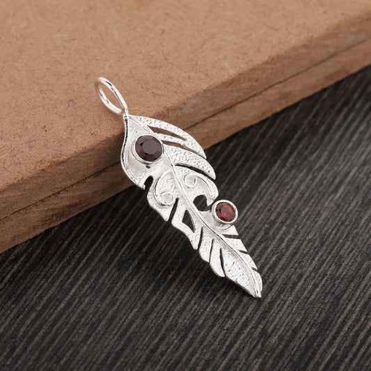 Red Garnet Pendant - 925 Sterling Silver Garnet Pendant - Silver Leaf Pendant - Round Garnet Gemstone Pendant - Leaf Design