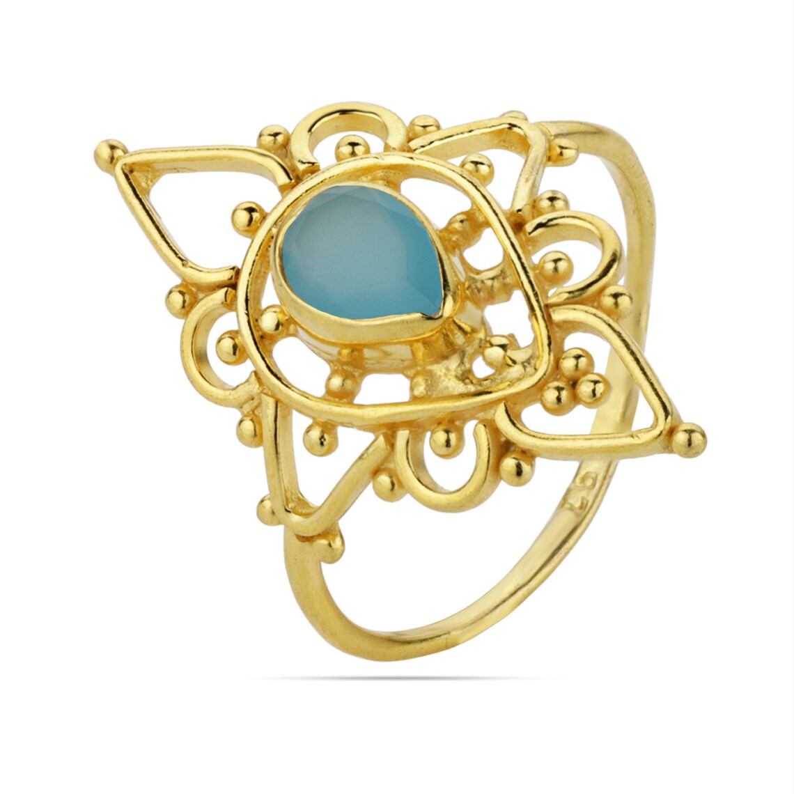 Designer Pear Shape Blue Chalcedony Ring in Sterling Silver with Gold Plating