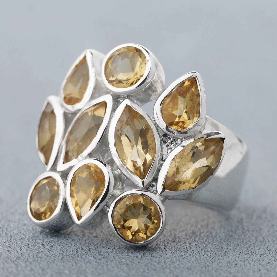 Citrine Ring - Solid 925 Sterling Silver Ring - Handmade Multi Stone Ring - Faceted Stone Ring