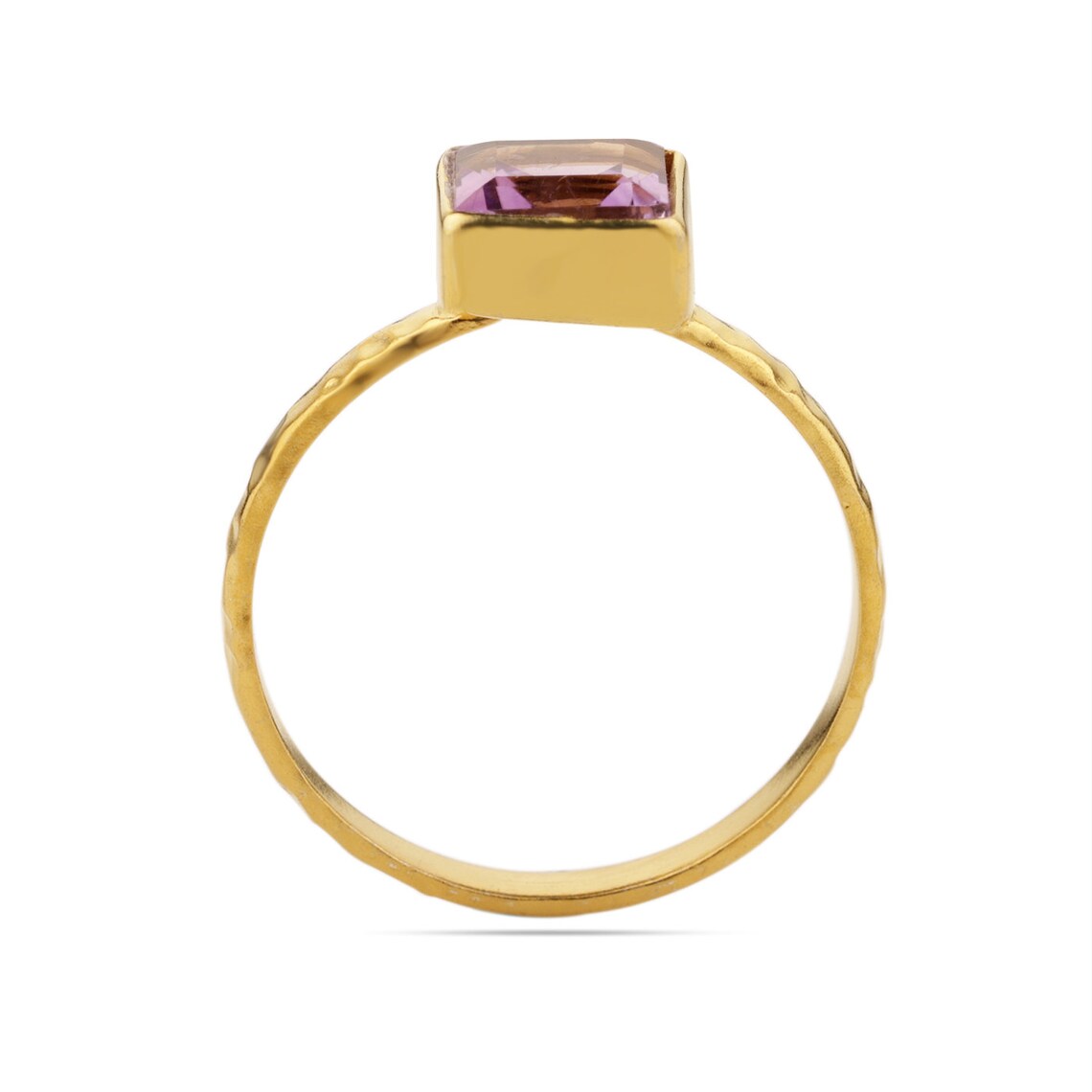 Amethyst Gold Plated Ring, Hammered Band, 925 Sterling Silver Ring