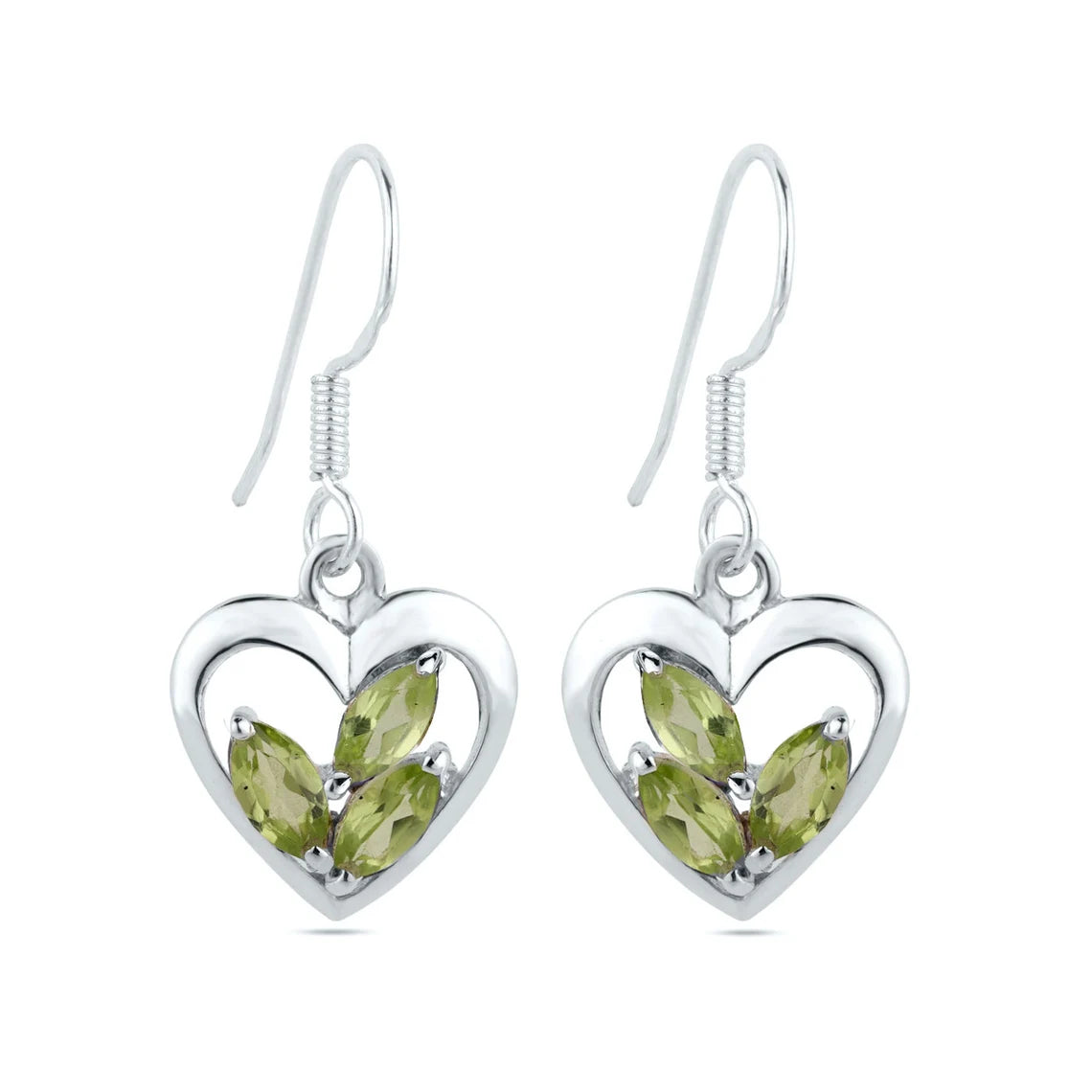 Peridot Heart Earrings, August Birthstone, Peridot silver earrings,