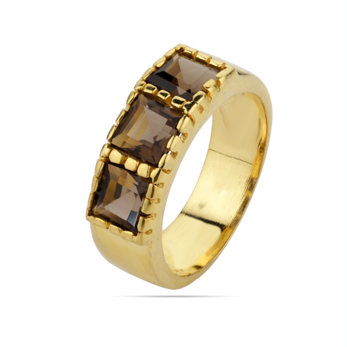 Smoky Quartz Gold Plated Ring, Smoky Quartz Sterling Silver Gold Plated Band Ring