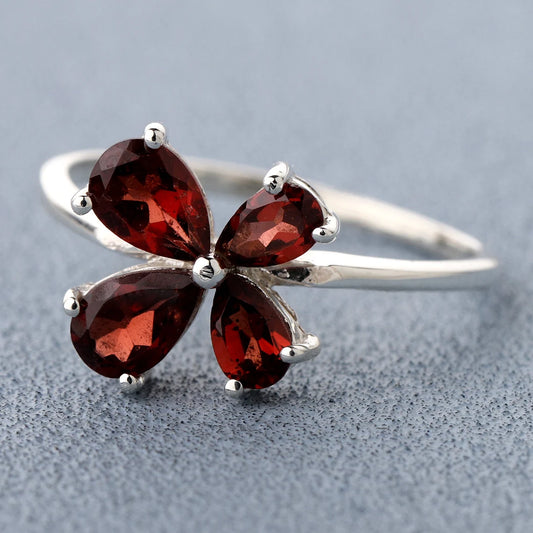 Natural Garnet Flower Pear Silver Ring