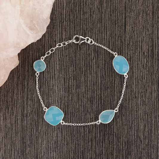 Blue Chalcedony Sterling Silver Bracelet Multi Shape like Pear, Cushion, Round Stone Bracelet