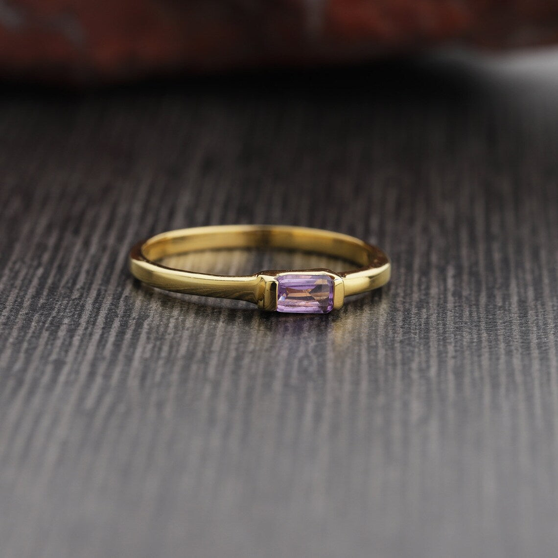 Gold Plated - Sterling 925 Silver Amethyst Ring, Natural Amethyst February Gemstone, Handmade Vermeil Gold Stacking Ring, Dainty Minimalist Women's Gifting Jewelry